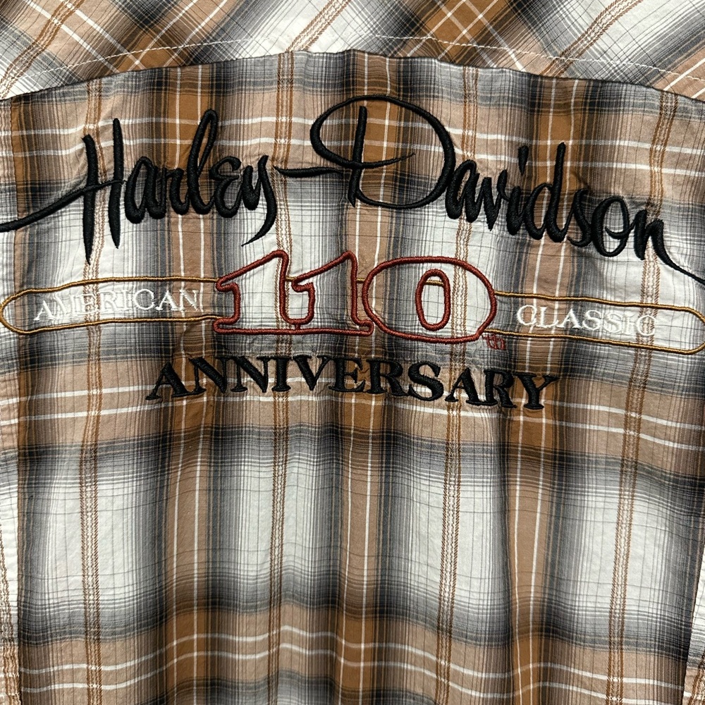 Harley-Davidson Brown and White Plaid Button Down Shirt- 100th anniversary